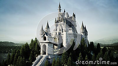 Old fairytale castle on the hill. aerial view. 3d rendering. Stock Photo