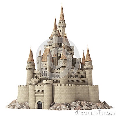 Old fairytale castle on the hill isolated on white. Cartoon Illustration