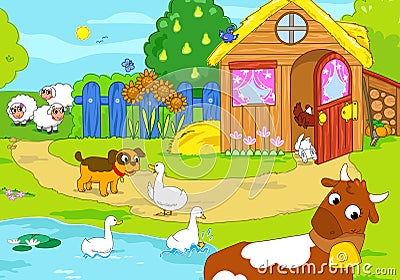 Old farm with funny animals. Cartoon illustration. Cartoon Illustration