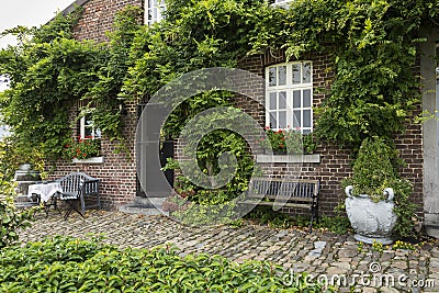 Old farm with green plants on the wall Stock Photo