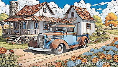 Old farm rusted pickup truck vintage rural dilapidated house Cartoon Illustration