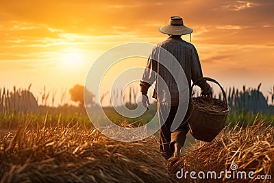 Old farmer carrying a basket of rice in the field. Generative AI Stock Photo