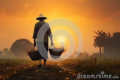 Old farmer carrying a basket of rice in the field. Generative AI Stock Photo