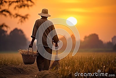 Old farmer carrying a basket of rice in the field. Generative AI Stock Photo