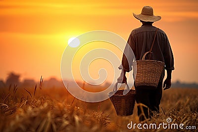 Old farmer carrying a basket of rice in the field. Generative AI Stock Photo