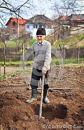 Old farmer digging in the garden Stock Photo