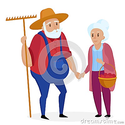 Old farmer with his wife. Elderly couple. Senior Grandpa and grandma standing. Vector cartoon illustration. Vector Illustration