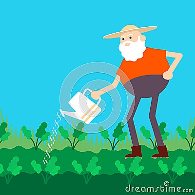 Old farmer watering garden with can. Color vector flat cartoon icon Vector Illustration
