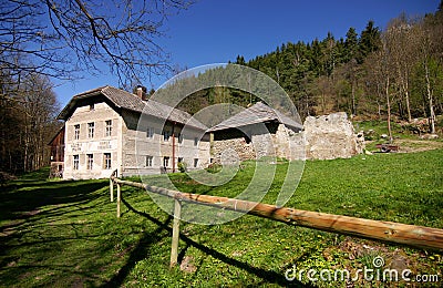 Old farming house in spring countryside Stock Photo