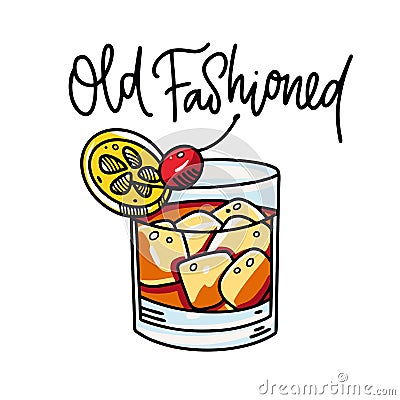 Old Fashioned alcoholic cocktail hand drawn vector illustration. Cartoon style Cartoon Illustration