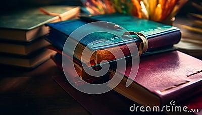 Old fashioned book collection on antique wooden bookshelf for studying literature generated by AI Stock Photo