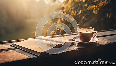 Old fashioned book on rustic table with coffee cup for studying generated by AI Stock Photo