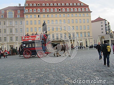The old-fashioned bus with horse in Dresden, Germany Editorial Stock Photo