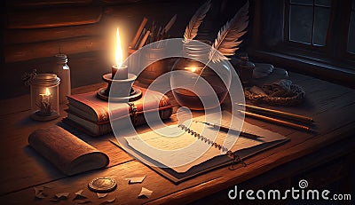 Old fashioned candle on wooden table with literature ,generative AI Stock Photo