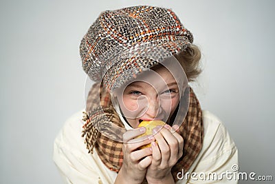 Old fashioned child in beret. retro fashion model. Vintage. street kid with dirty face. vintage english style. teen girl Stock Photo