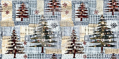 Old-Fashioned christmas tree with primitive hand sewing fabric effect banner. Cozy nostalgic homespun winter hand made Stock Photo