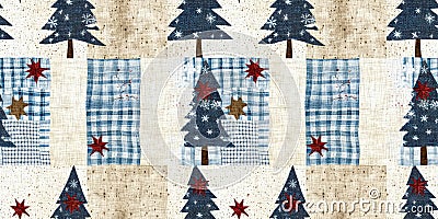 Old-Fashioned christmas tree with primitive hand sewing fabric effect banner. Cozy nostalgic homespun winter hand made Stock Photo