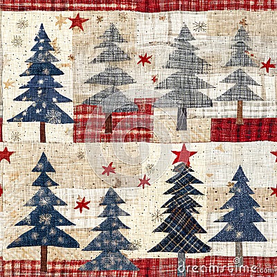 Old-Fashioned christmas tree with primitive hand sewing fabric effect. Cozy nostalgic homespun winter hand made crafts Stock Photo