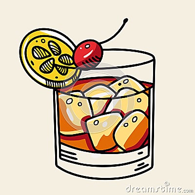 Old Fashioned cocktail. Cartoon flat vector illustration. Isolated on soft yellow background. Vector Illustration