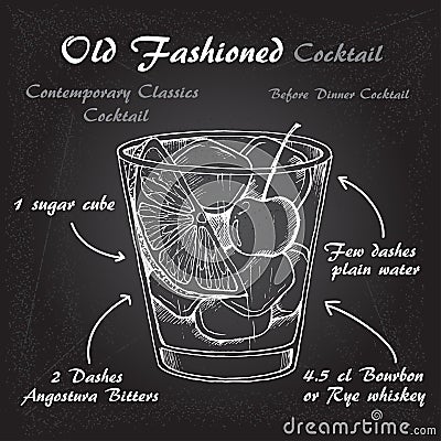 Vector illustration of alcoholic cocktail Old Fashioned sketch Vector Illustration