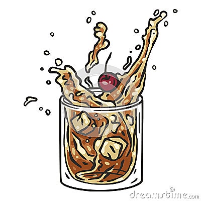 Old fashioned cocktail with ice, cherry and splash for bar menu. American alcochol cocktail Vector Illustration
