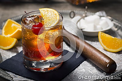 Old Fashioned Cocktail on a Tray with Ingredients Stock Photo