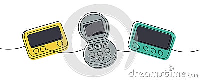 Old-fashioned communication technology one line colored continuous drawing. Small flip phone, pager, beeper. Vector Cartoon Illustration