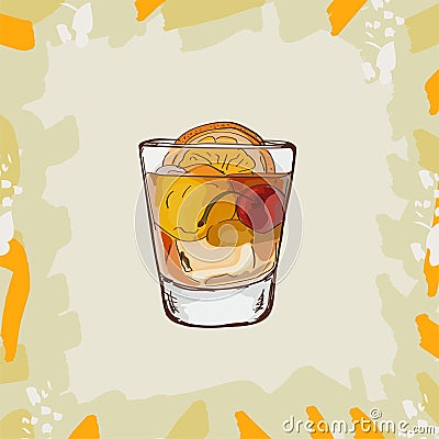 Old Fashioned cocktail illustration. Alcoholic classic bar drink hand drawn vector. Pop art Cartoon Illustration