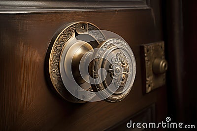 old-fashioned door handle with decorative rosette and brass accents Stock Photo