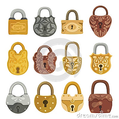 Old fashioned door locks flat vector illustrations set Vector Illustration