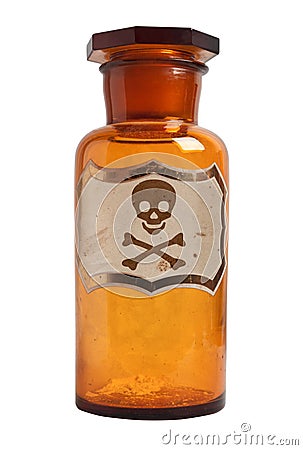 Old fashioned drug bottle with label, isolated. Stock Photo