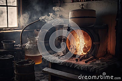 an old-fashioned evaporator with a fire burning underneath, boiling the sap to make syrup Stock Photo