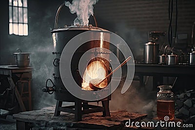 an old-fashioned evaporator with a fire burning underneath, boiling the sap to make syrup Stock Photo