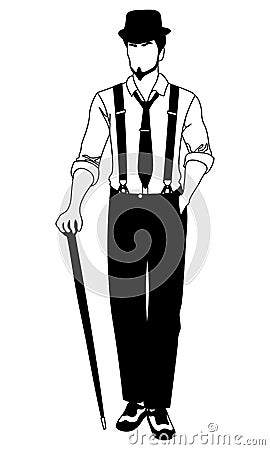 Old-fashioned faceless man walking with a cane Vector Illustration