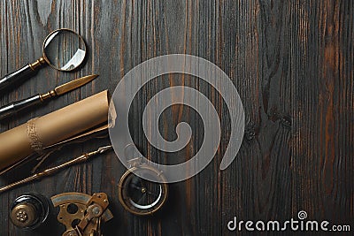 Old fashioned flat lay with letters writing accessories on dark wooden background Stock Photo