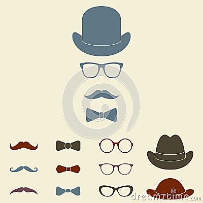 Old fashioned gentleman accessories icon set. Glasses, hat, mustache and bowtie. Vintage or hipster style. Vector illustration. Vector Illustration