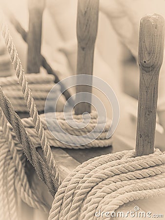Old fashioned harbor marina sailboat ropes Stock Photo