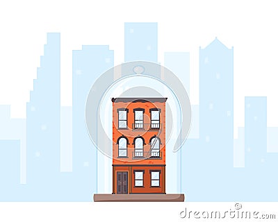 Old-fashioned house and city view silhouette. Brick building covered by glass dom. Rent control house concept. Rent Vector Illustration