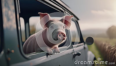 old fashioned illustration of a cute pet pig inside a car looking out the window to get some fresh air Cartoon Illustration