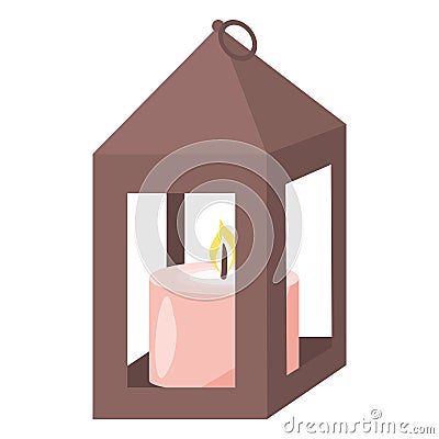 Old fashioned metal lantern with burning pink candle, front view, flat vector Vector Illustration