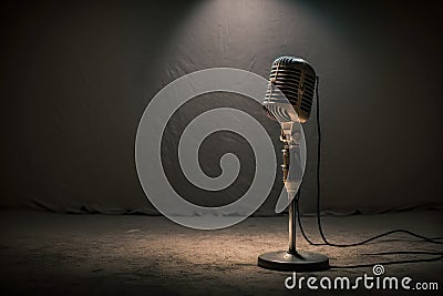 an old fashioned microphone with light shining on it. Generative AI Stock Photo