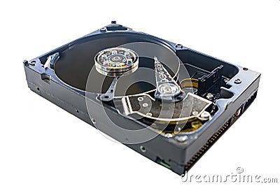 Old fashioned, open, mechanical harddisc drive, isolated on a white background Stock Photo