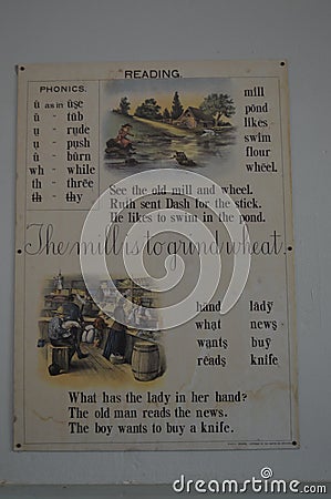 Old fashioned phonics poster at abandoned school Tyneham, Dorset UK Editorial Stock Photo