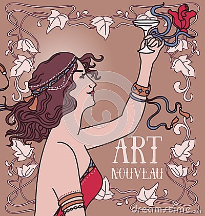 Old fashioned poster in art nouveau style with retro woman drinking champagne and floral frame Vector Illustration