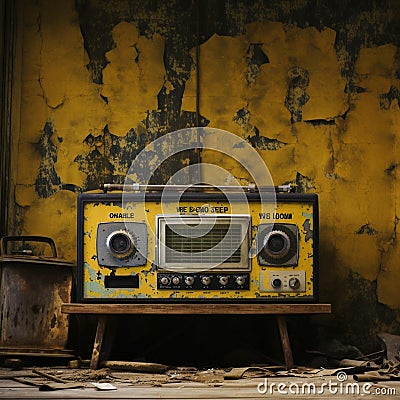 an old fashioned radio sitting in a room with crumbling walls Cartoon Illustration