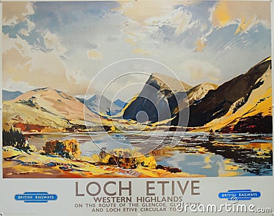 Old Railway Destination Poster for Loch Etive Editorial Stock Photo