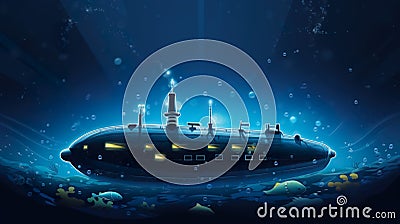 old fashioned retro submarine underwater, vintage or steampunk style sub marine in deep blue sea or ocean water Stock Photo