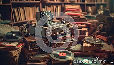 Old fashioned stack of obsolete audio equipment on bookshelf indoors generated by AI Stock Photo