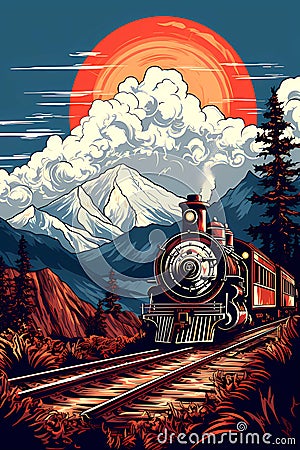 old fashioned steam train traveling through mountains Cartoon Illustration