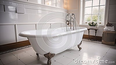 Old fashioned style bathroom with white bathtub. Generative AI Stock Photo